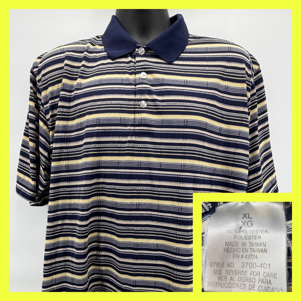 Cotton Traders Casuals XL Polo Shirt Mens Textured 3D Striped‎ Navy Blue Yellow